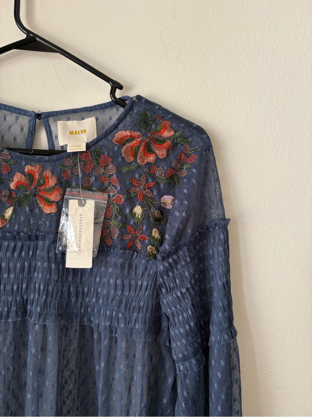 Maeve Blue Sheer Long-Sleeve Embroidered Tiered Dress - Picture 4 of 10